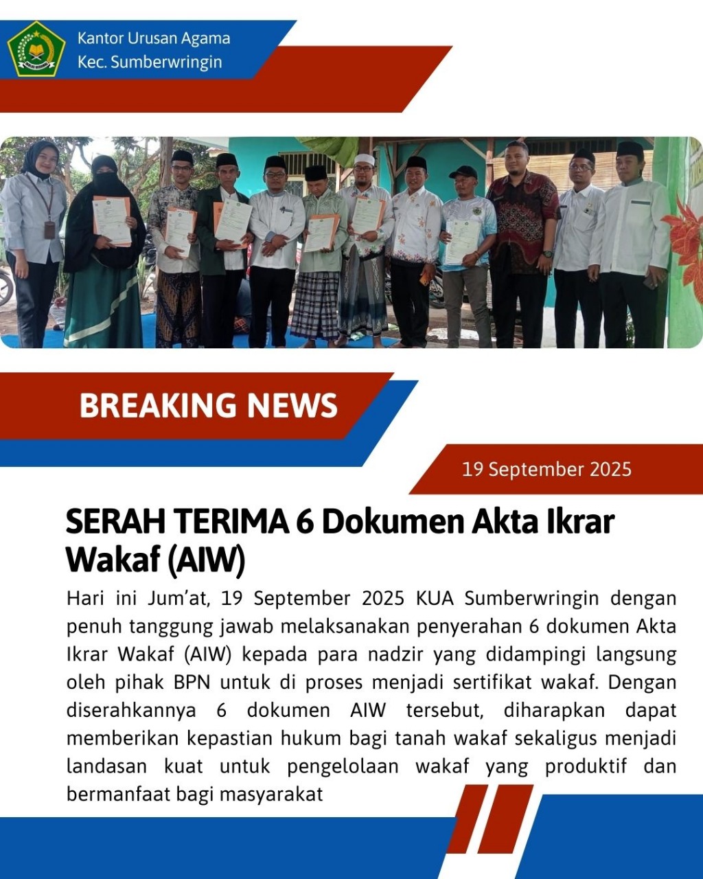 KUA SUMBERWRINGIN ADAKAN PENYERAHAN 6 AKTA IKRAR WAKAF 19 SEPTEMER 2015